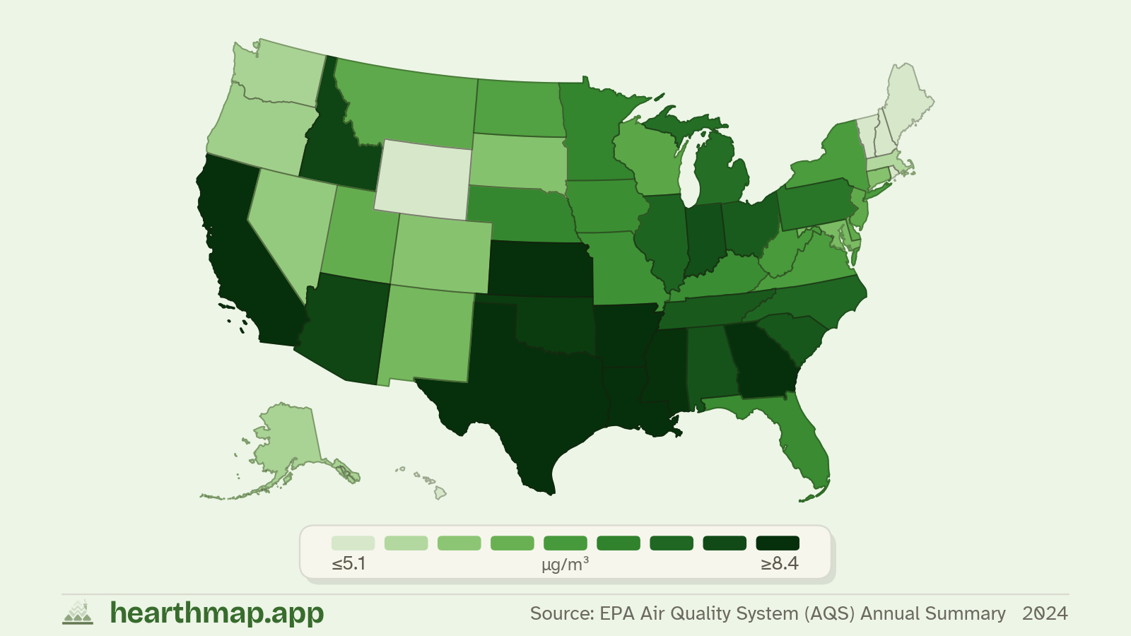 Choropleth map of Air Pollution (Fine Particles) across US states (2024), by hearthmap