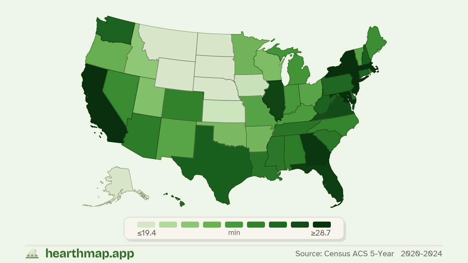 Choropleth map of Avg Commute Time across US states (2020-2024), by hearthmap