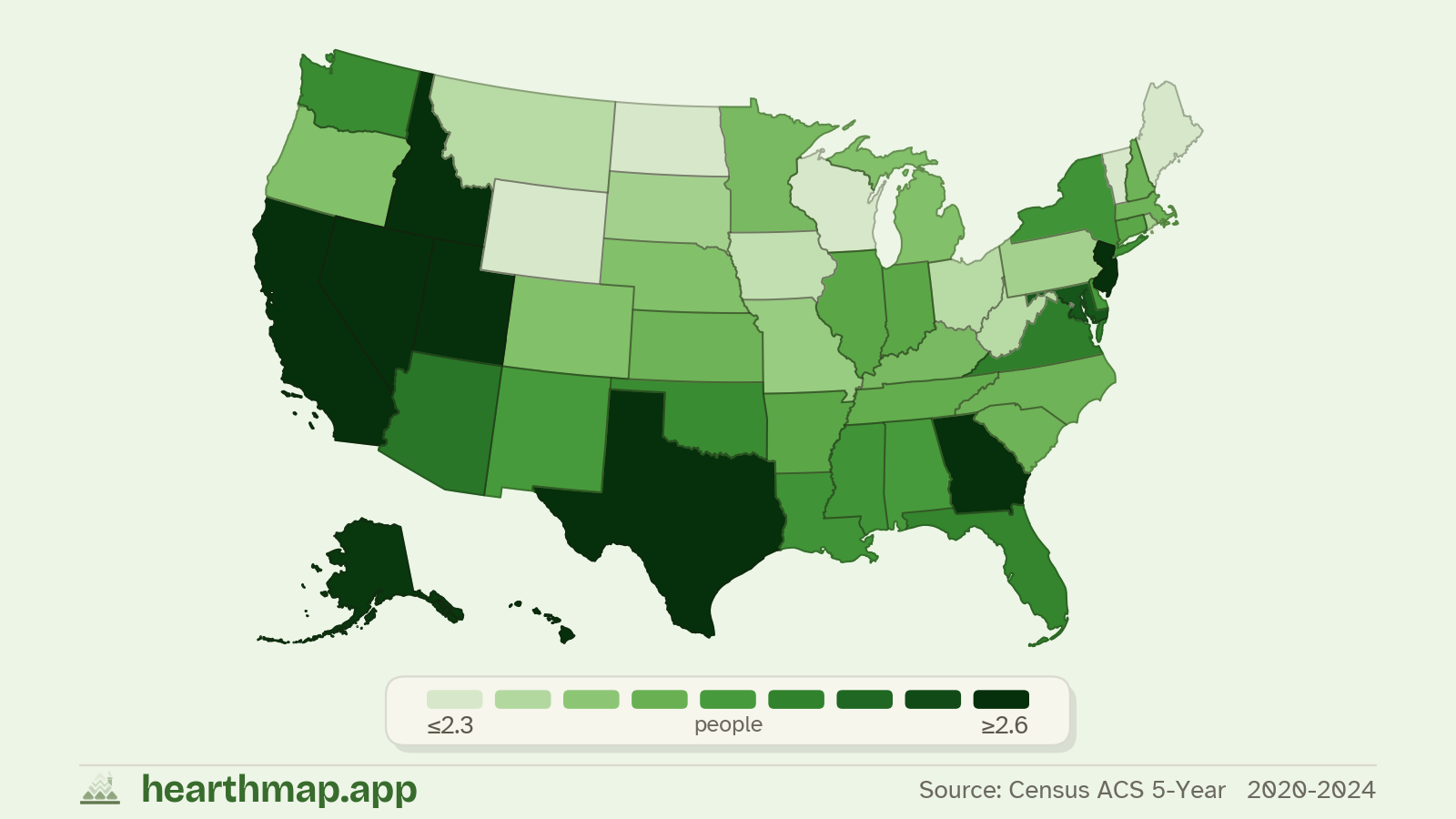 Choropleth map of Avg Household Size across US states (2020-2024), by hearthmap