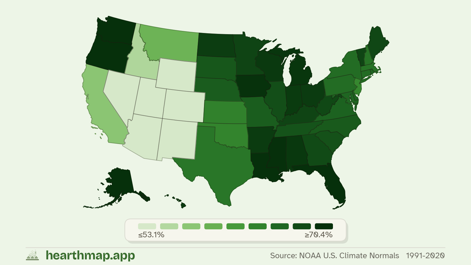 Choropleth map of Average Humidity across US states (1991-2020), by hearthmap