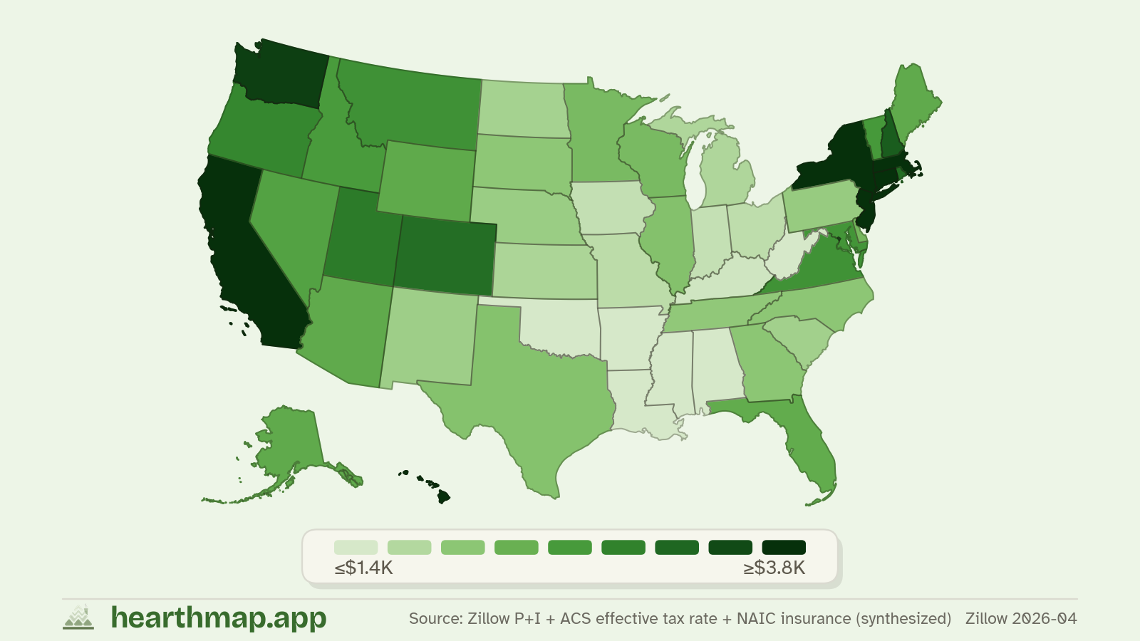 Choropleth map of Monthly Payment (PITI) across US states (Zillow 2026-06), by hearthmap