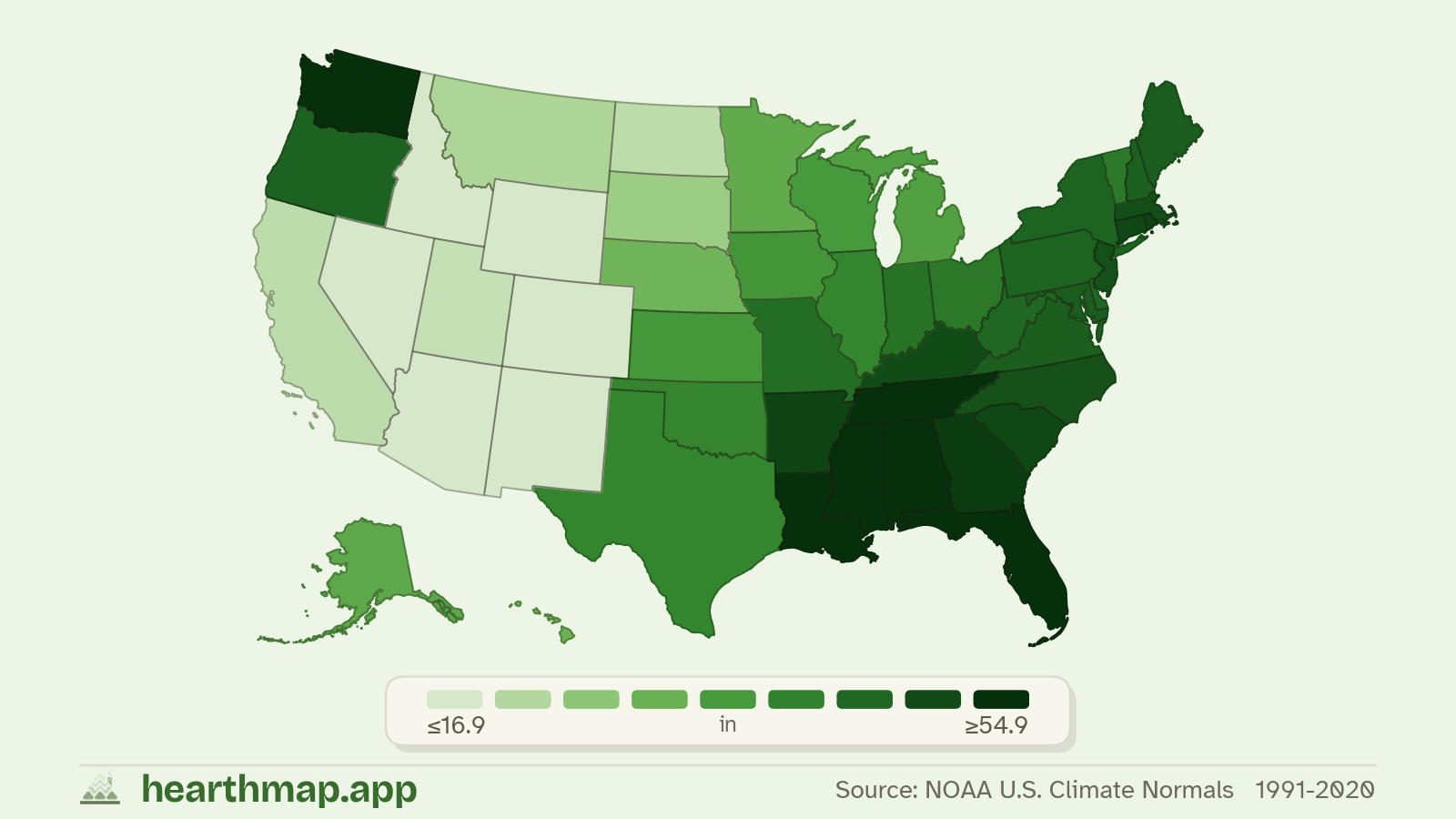 Choropleth map of Annual Precipitation across US states (1991-2020), by hearthmap