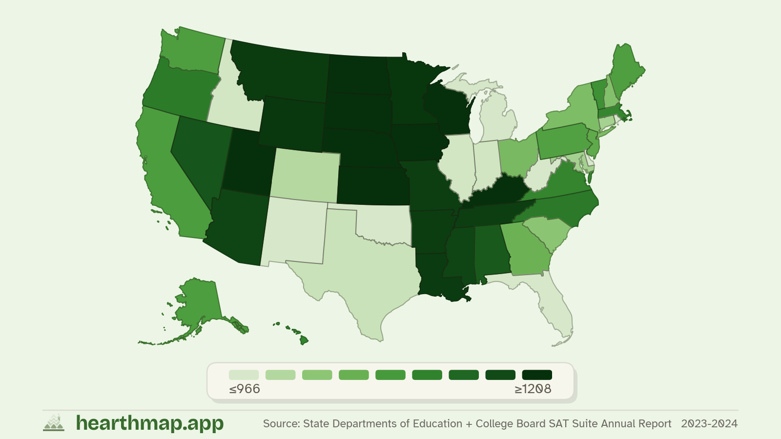 Choropleth map of Average SAT Score across US states (2023-2024), by hearthmap