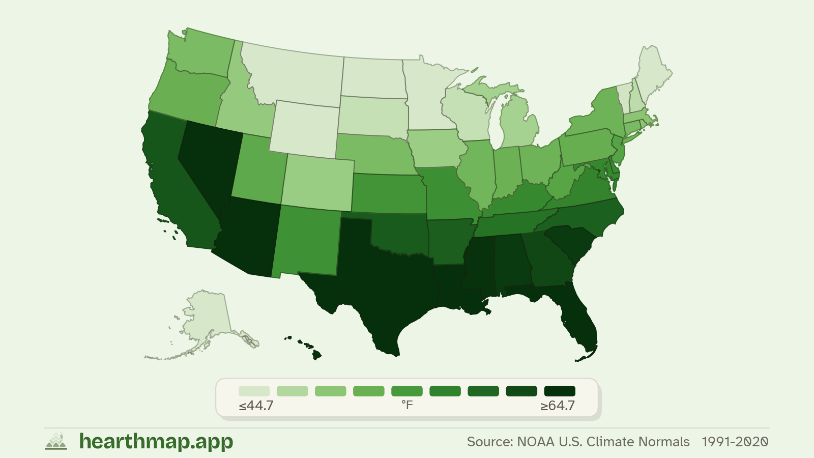 Choropleth map of Average Temperature across US states (1991-2020), by hearthmap