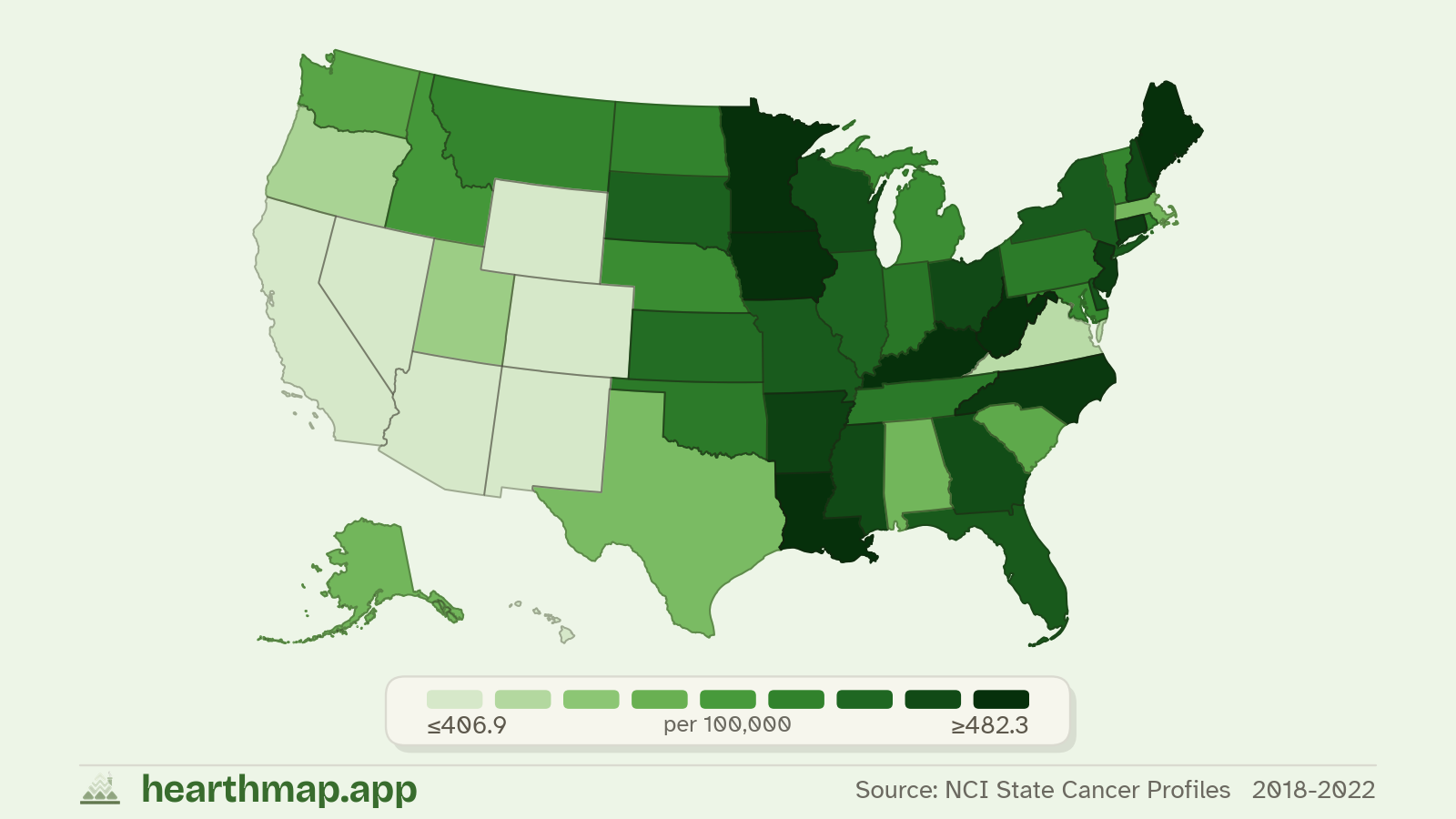 Choropleth map of Cancer Rate across US states (2018-2022), by hearthmap