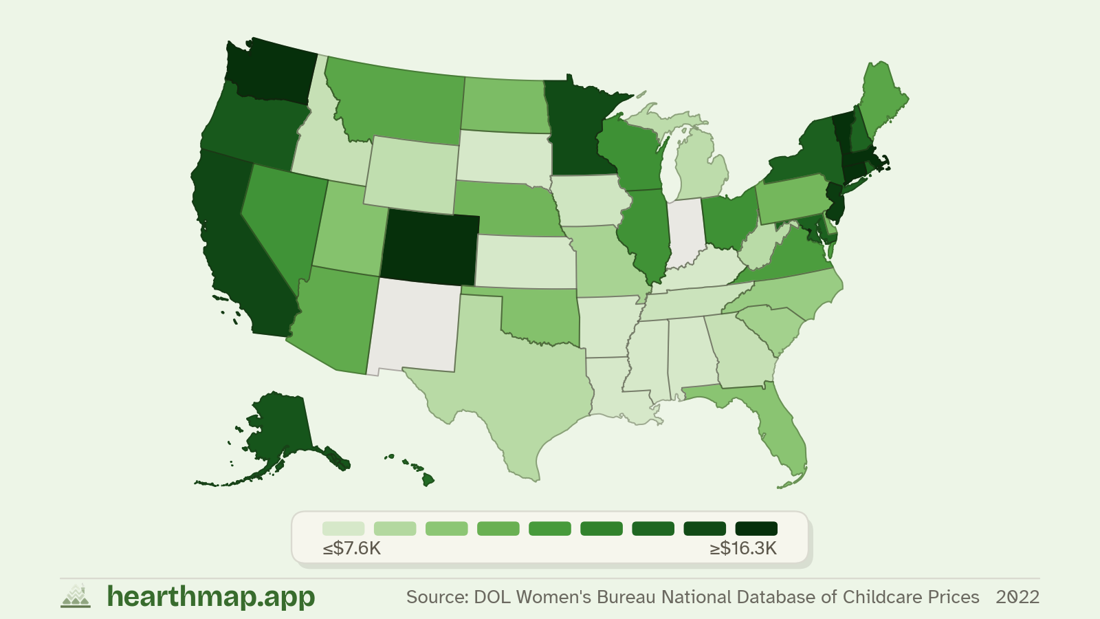 Choropleth map of Childcare Cost across US states (2022), by hearthmap