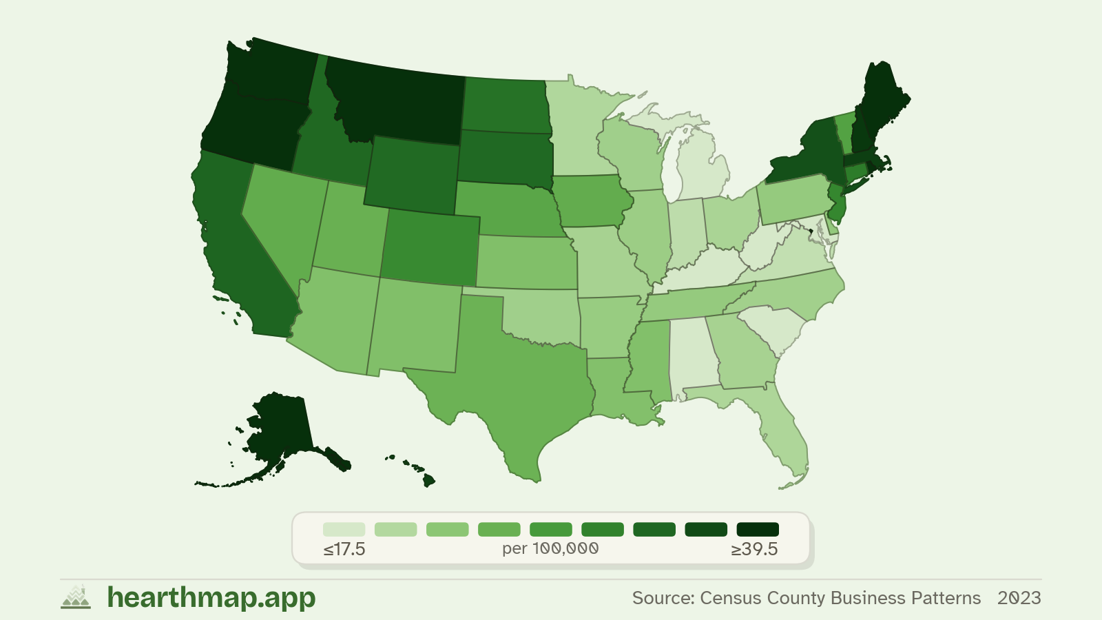 Choropleth map of Coffee Shops across US states (2023), by hearthmap