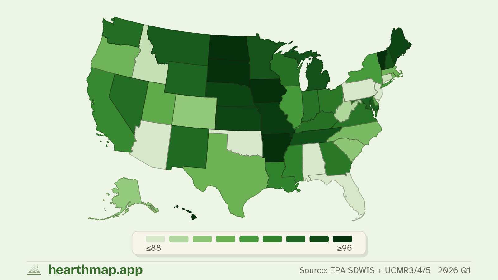 Choropleth map of Drinking Water Purity across US states (2026 Q1), by hearthmap