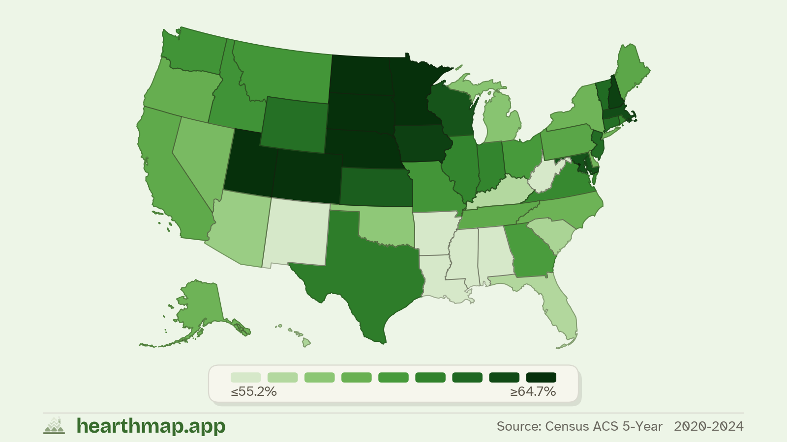 Choropleth map of Employment Rate across US states (2020-2024), by hearthmap