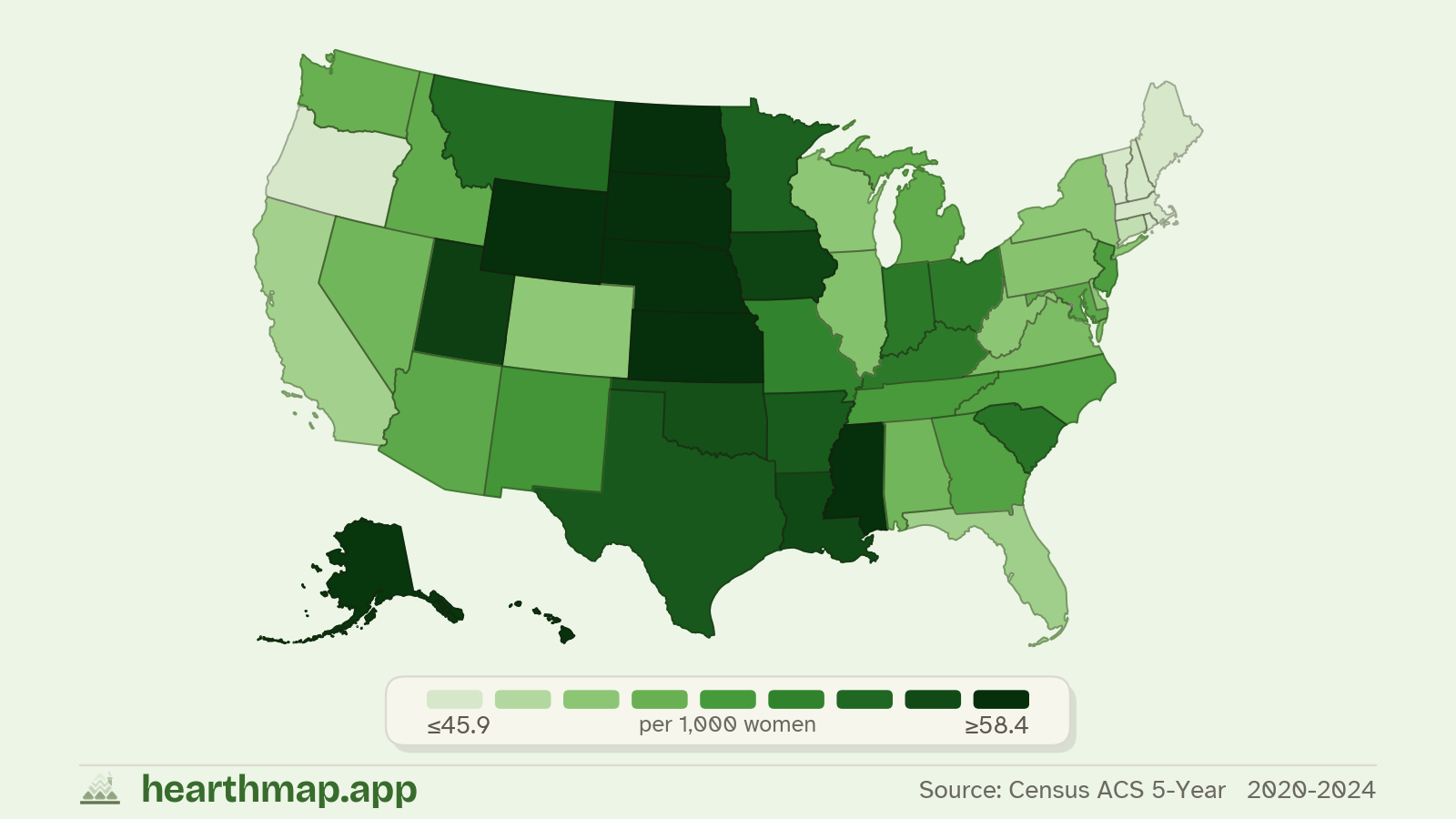Choropleth map of Birth Rate across US states (2020-2024), by hearthmap