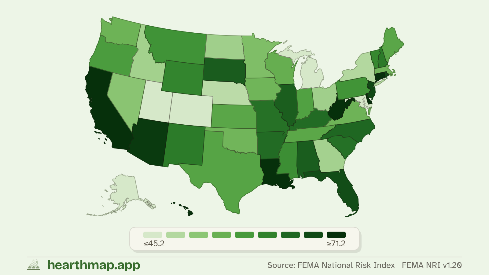Choropleth map of Flood Risk across US states (FEMA NRI v1.20), by hearthmap