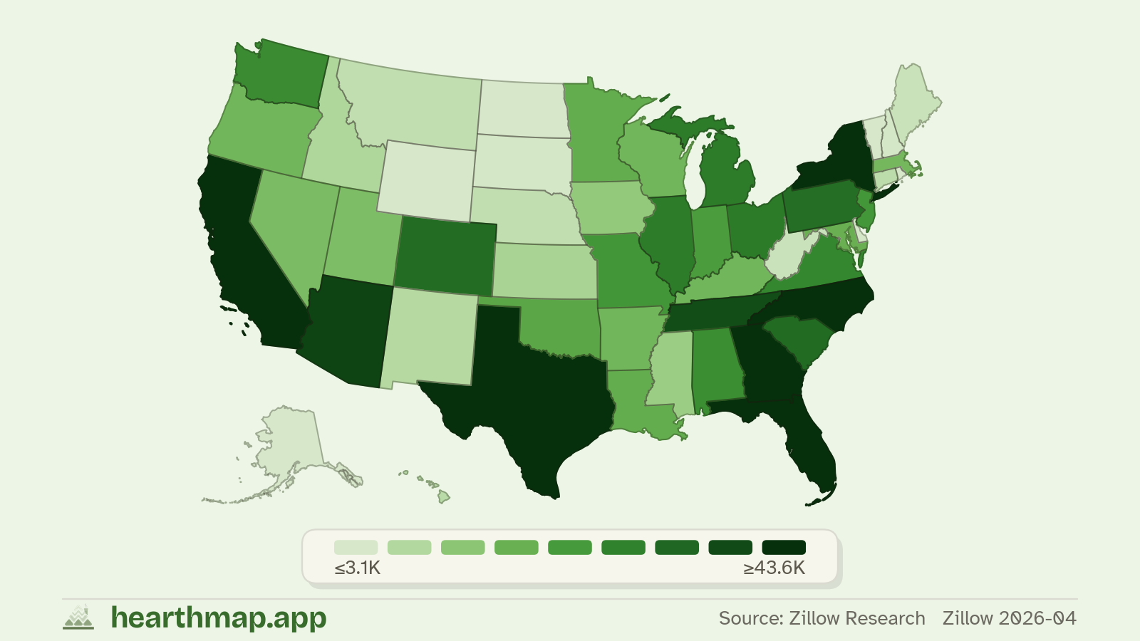 Choropleth map of Homes For Sale across US states (Zillow 2026-06), by hearthmap