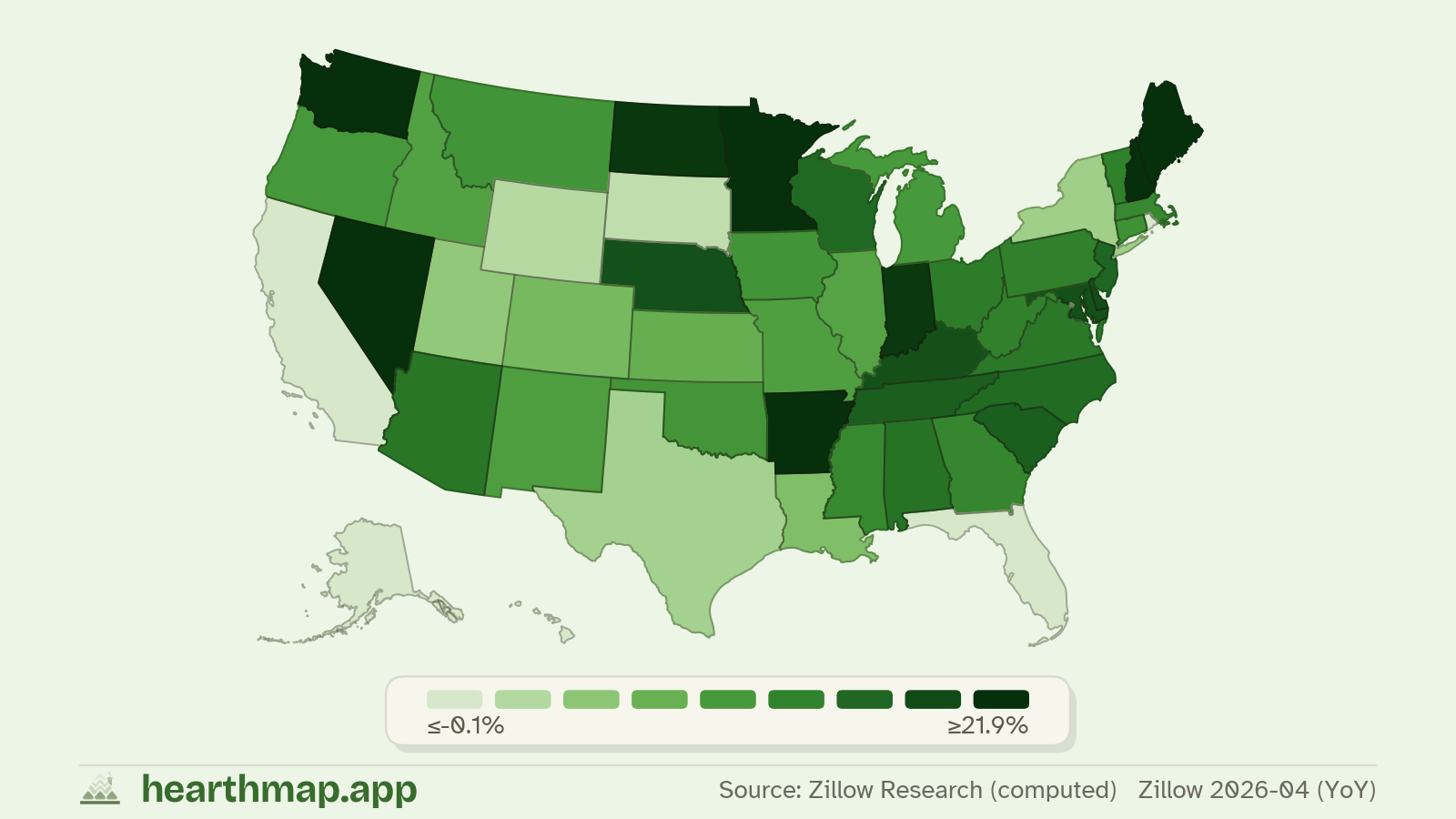 Choropleth map of For-Sale Inventory Growth (YoY) across US states (Zillow 2026-06 (YoY)), by hearthmap