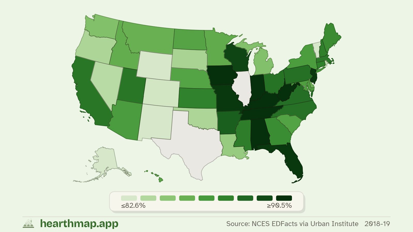 Choropleth map of 4-Year Graduation Rate across US states (2018-19), by hearthmap