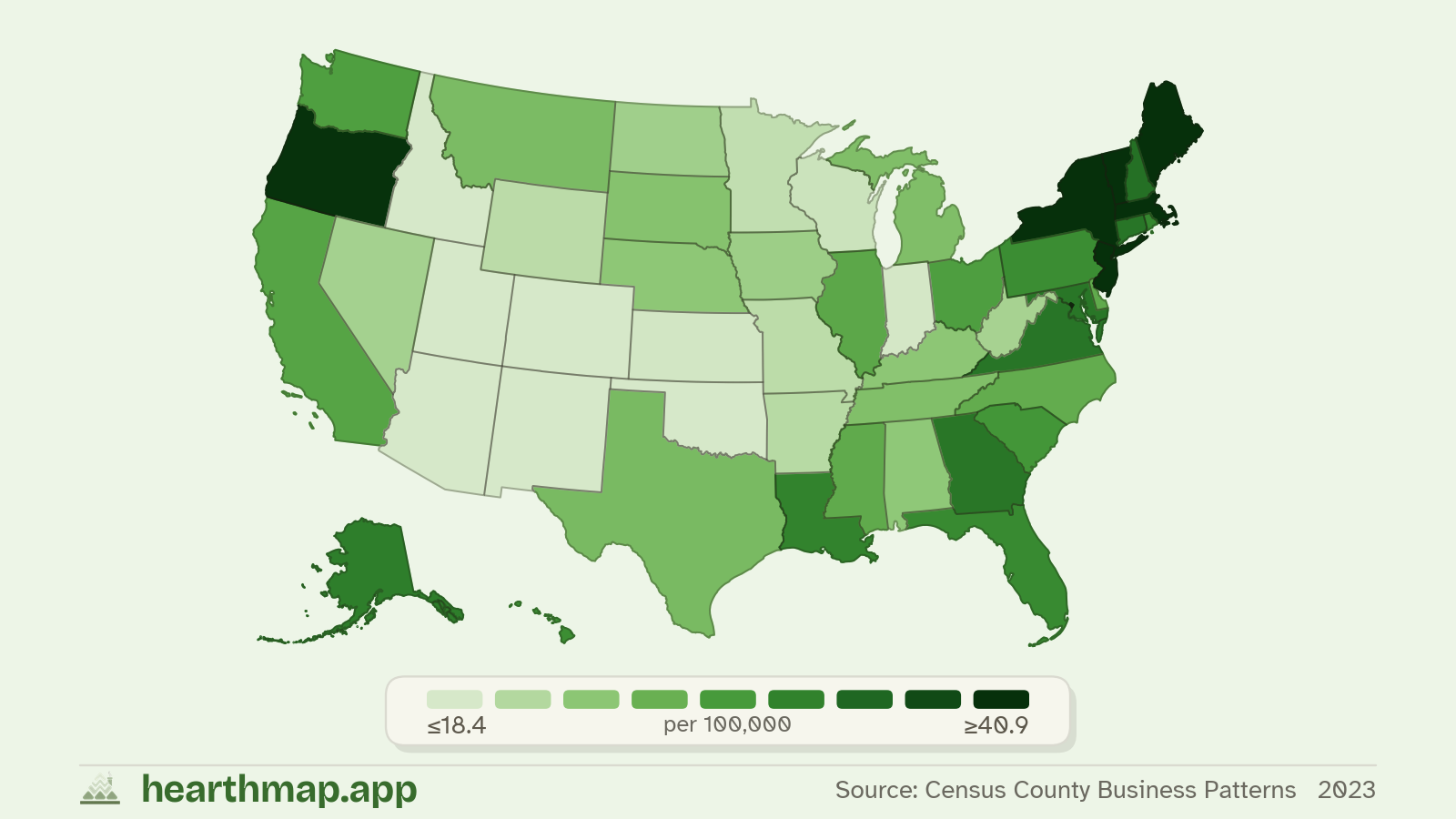 Choropleth map of Grocery Stores across US states (2023), by hearthmap