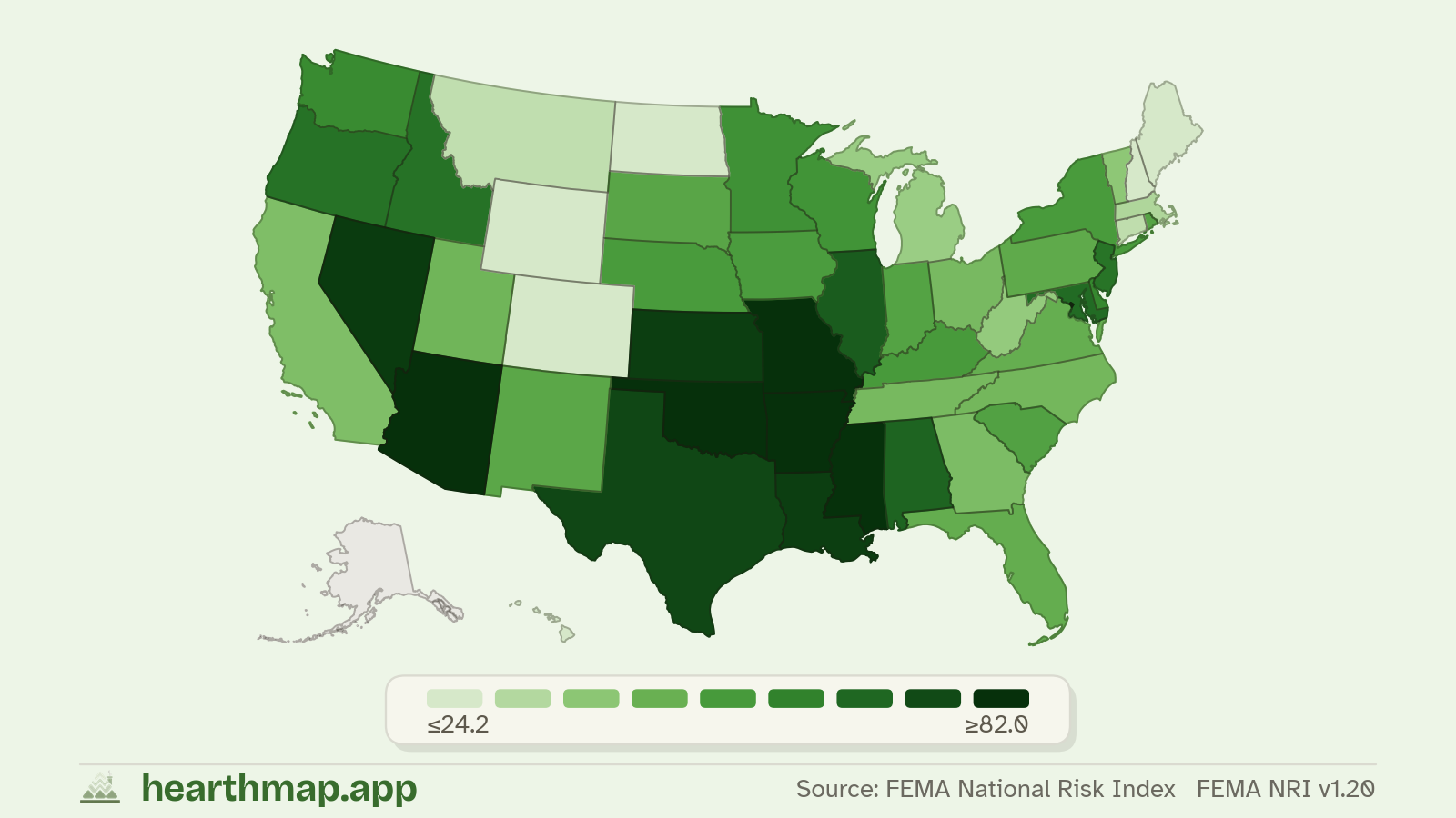 Choropleth map of Heat Wave Risk across US states (FEMA NRI v1.20), by hearthmap