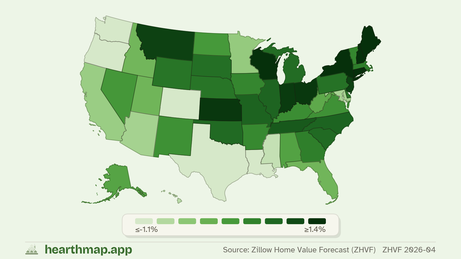 Choropleth map of 1-Year Home Value Forecast across US states (ZHVF 12mo forecast (base 2026-06-30)), by hearthmap