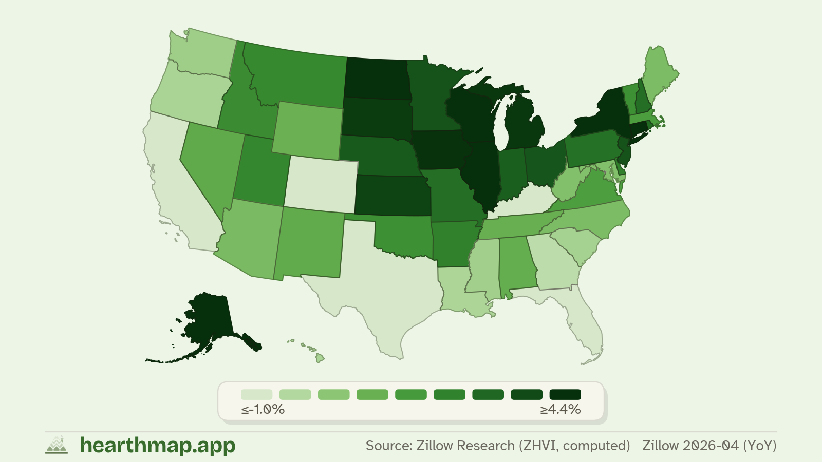 Choropleth map of Home Value Increase YoY across US states (Zillow 2026-06 (YoY)), by hearthmap