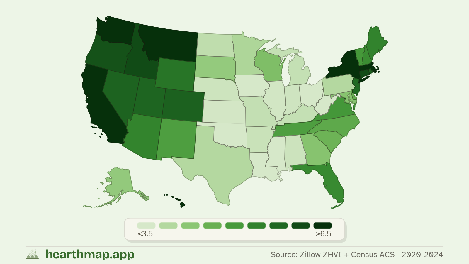 Choropleth map of Home Price-to-Income Ratio across US states (2020-2024), by hearthmap