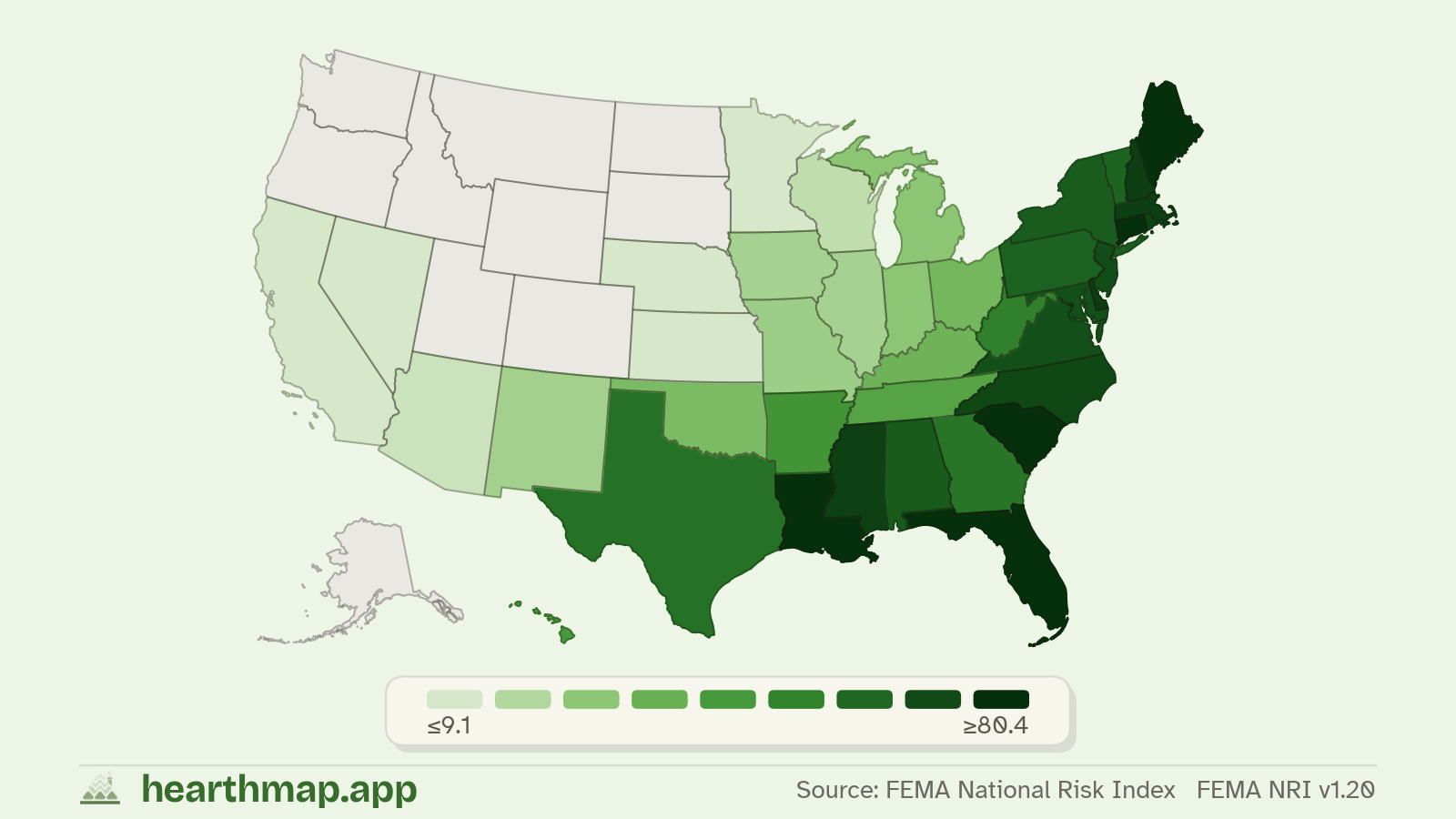 Choropleth map of Hurricane Risk across US states (FEMA NRI v1.20), by hearthmap