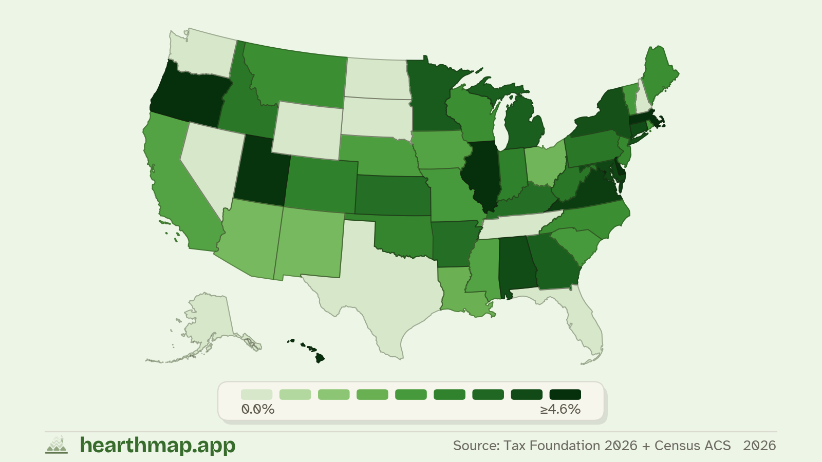 Choropleth map of State Income Tax across US states (2026), by hearthmap