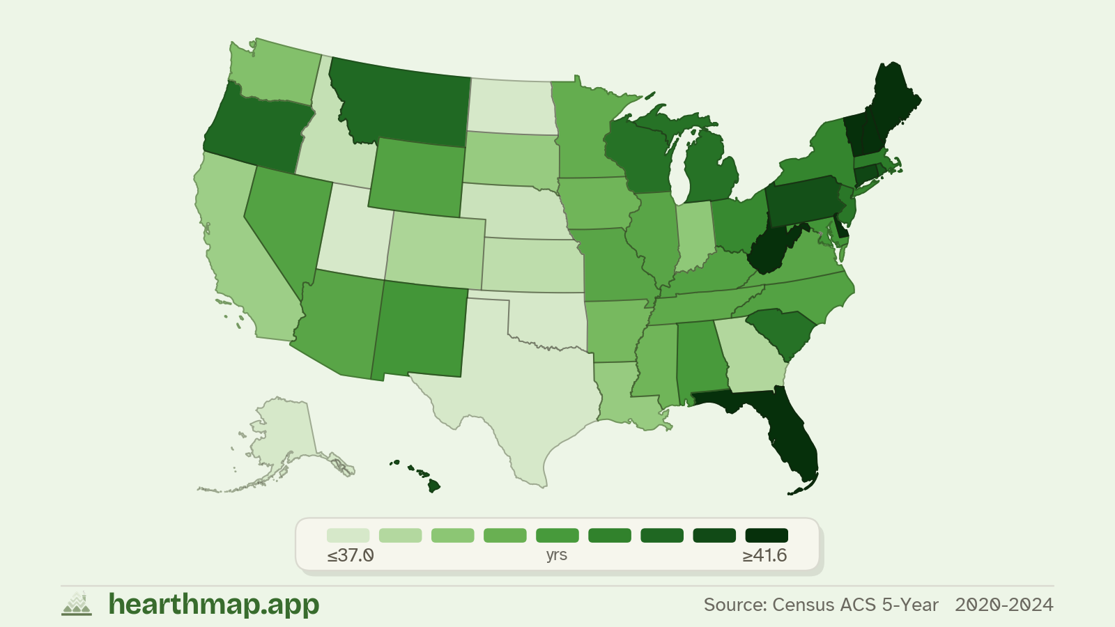 Choropleth map of Median Age across US states (2020-2024), by hearthmap