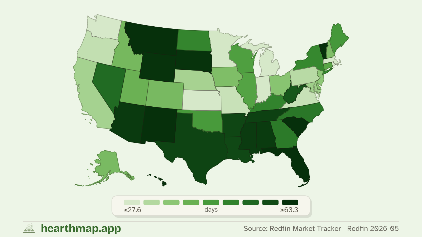 Choropleth map of Days on Market across US states (Redfin 2026-05), by hearthmap