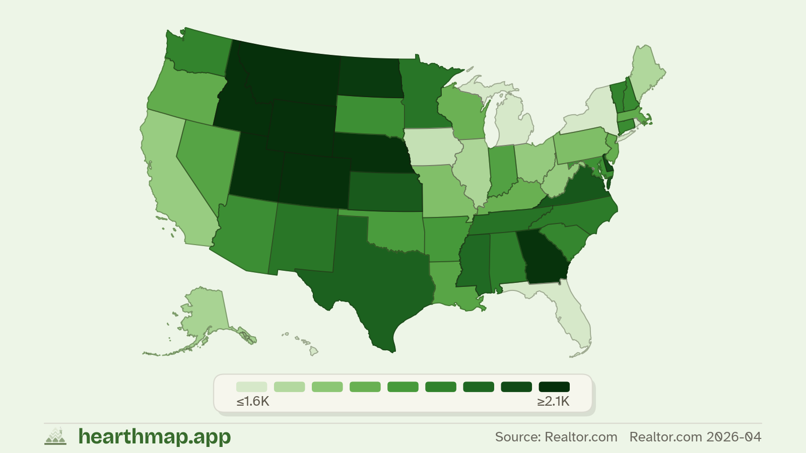 Choropleth map of Typical Home Size across US states (Realtor.com 2026-04), by hearthmap