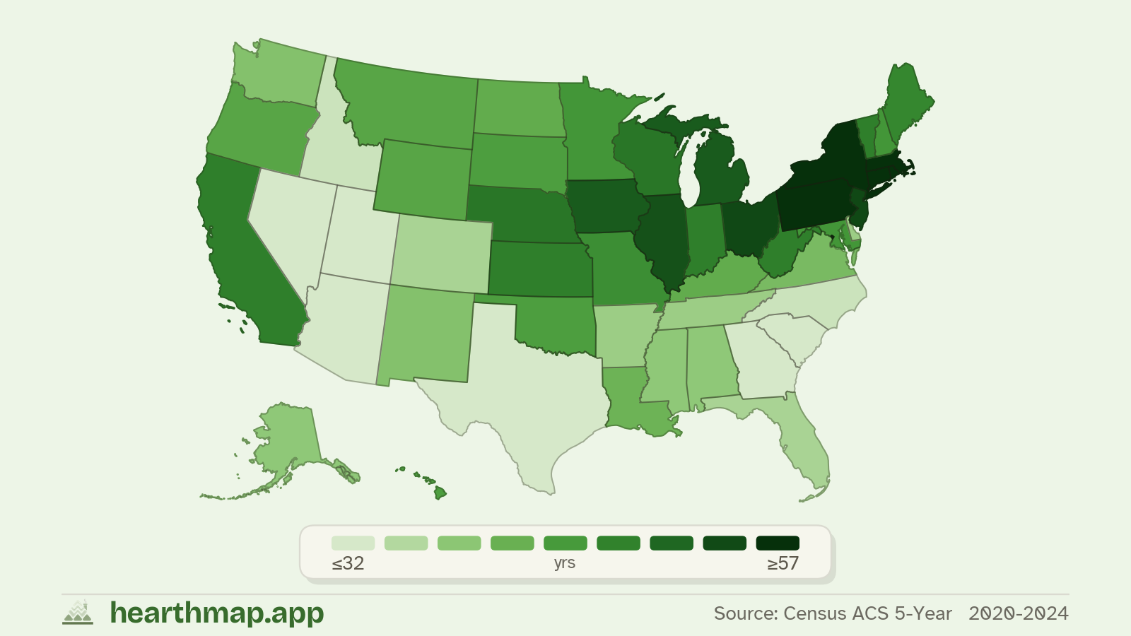 Choropleth map of Typical Home Age across US states (2020-2024), by hearthmap