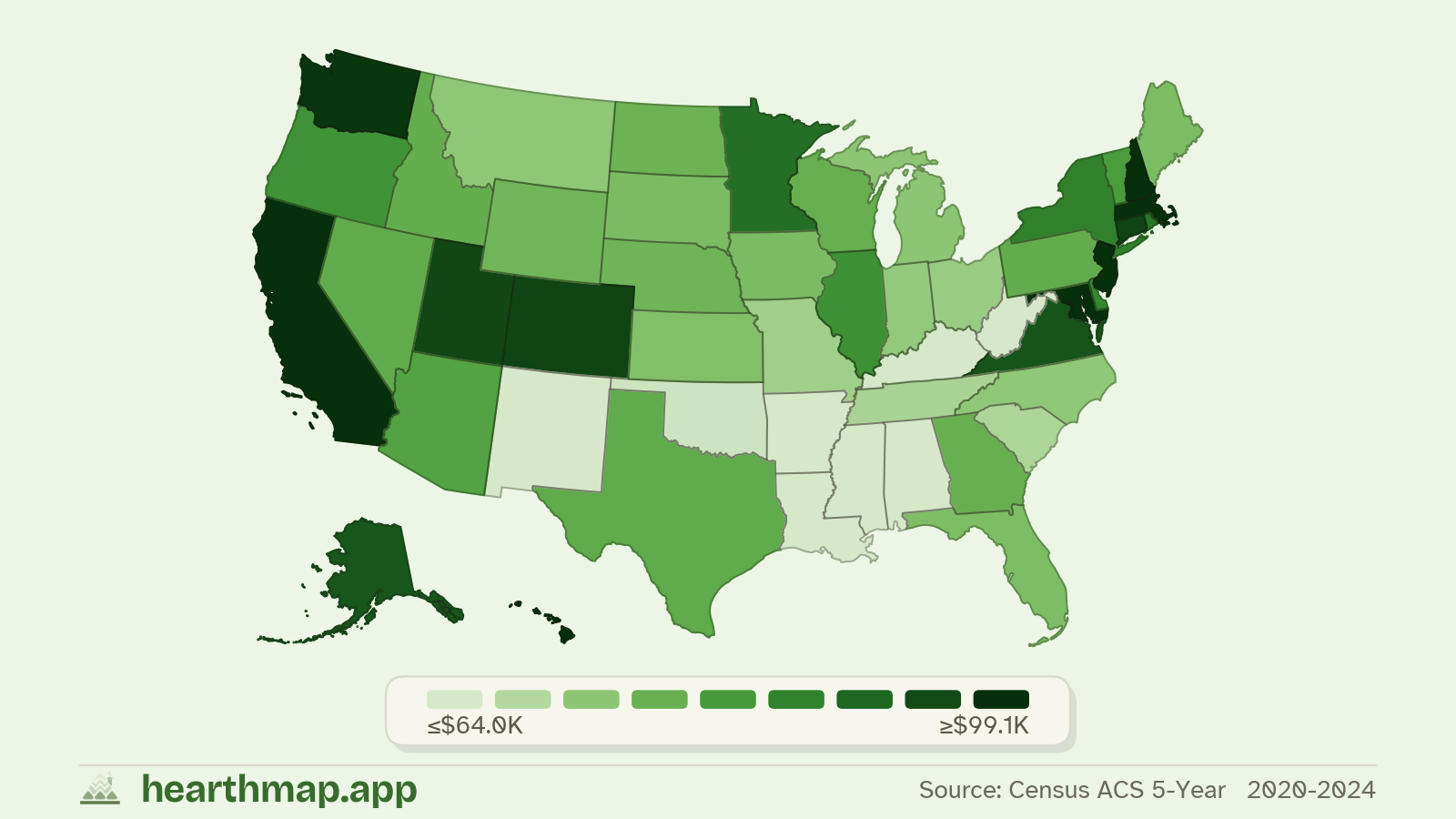 Choropleth map of Median Household Income across US states (2020-2024), by hearthmap
