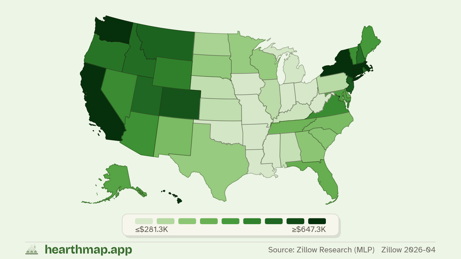 Choropleth map of Typical Asking Price across US states (Zillow 2026-06), by hearthmap