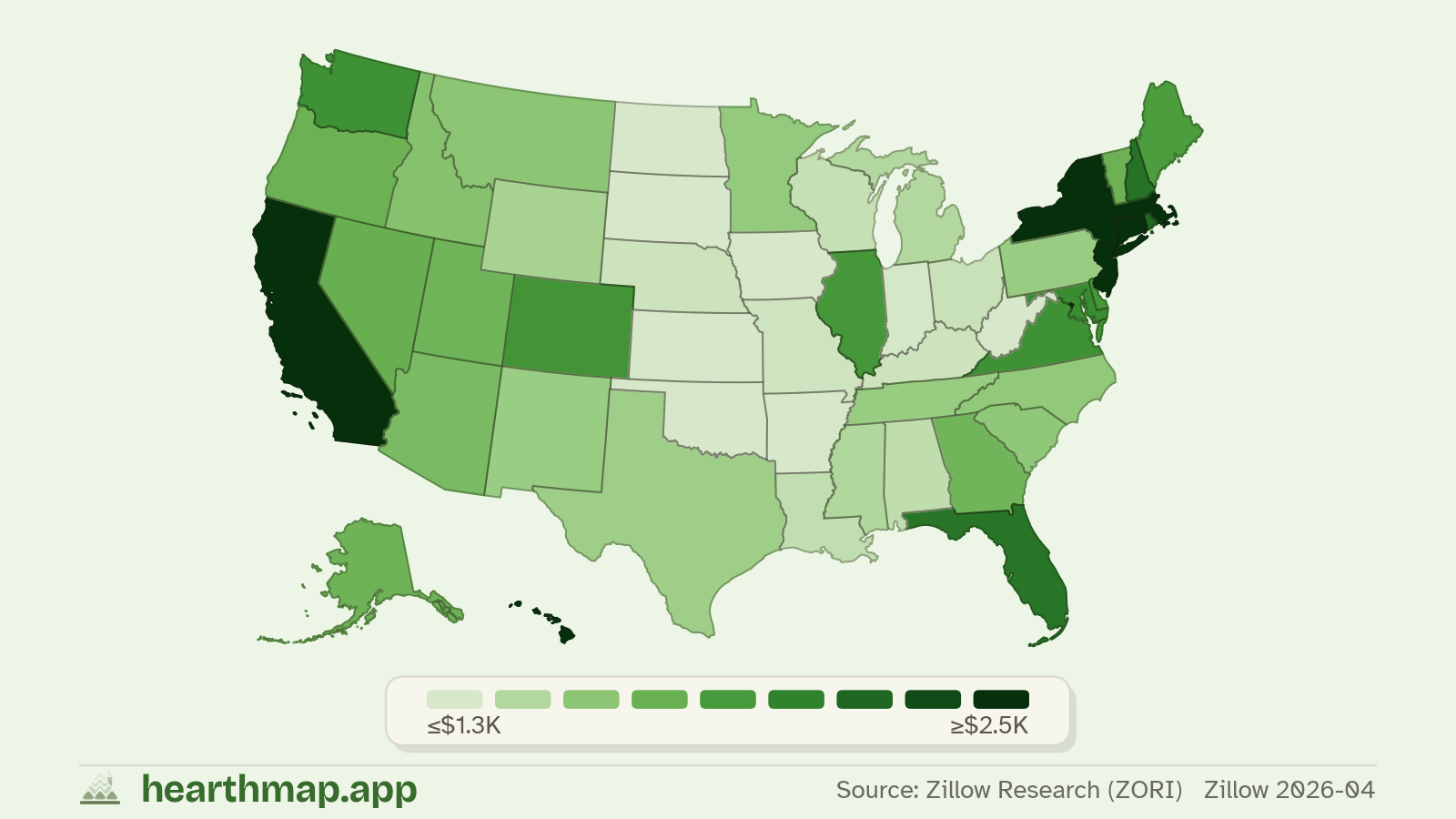 Choropleth map of Typical Rent across US states (Zillow 2026-06), by hearthmap