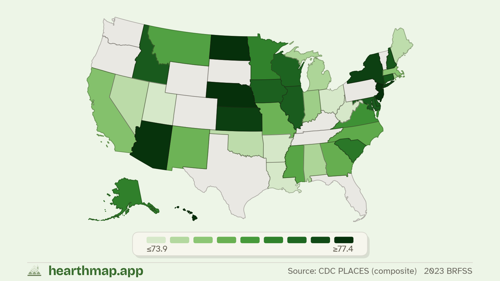 Choropleth map of Mental Health Index across US states (2023 BRFSS), by hearthmap