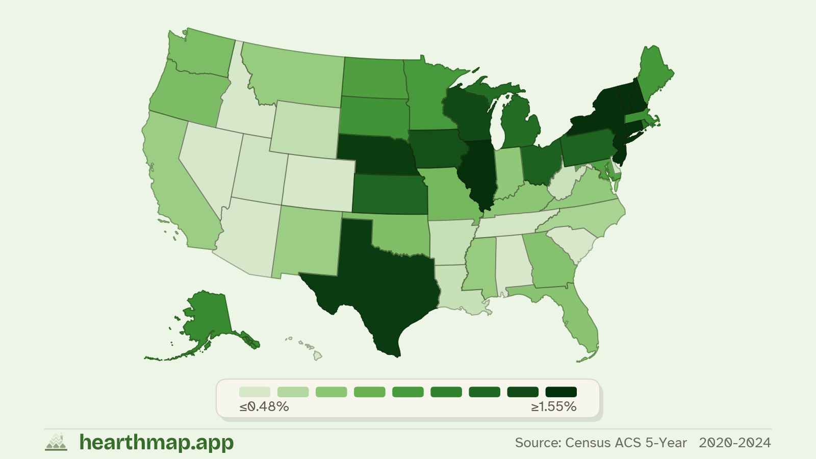 Choropleth map of Effective Property Tax Rate across US states (2020-2024), by hearthmap
