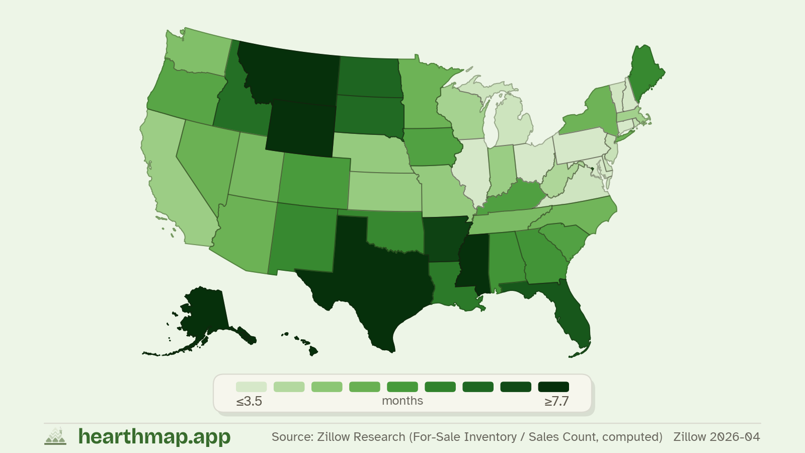 Choropleth map of Months of Supply across US states (Zillow 2026-06 (inventory ÷ sales)), by hearthmap