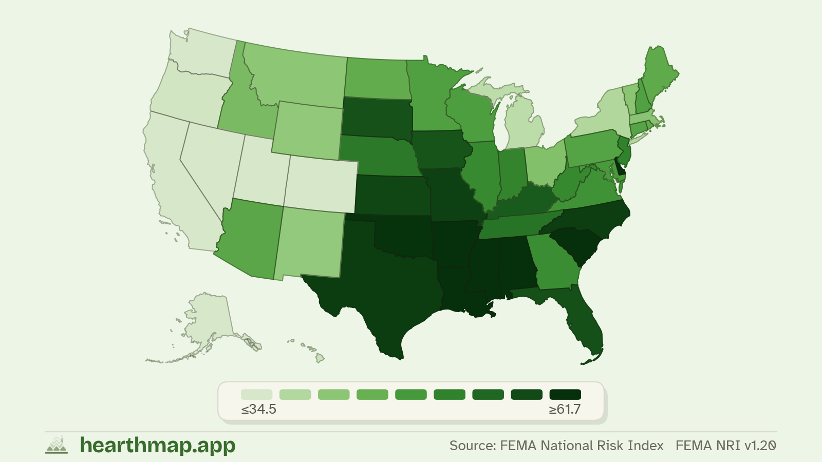 Choropleth map of Natural Disaster Risk across US states (FEMA NRI v1.20), by hearthmap