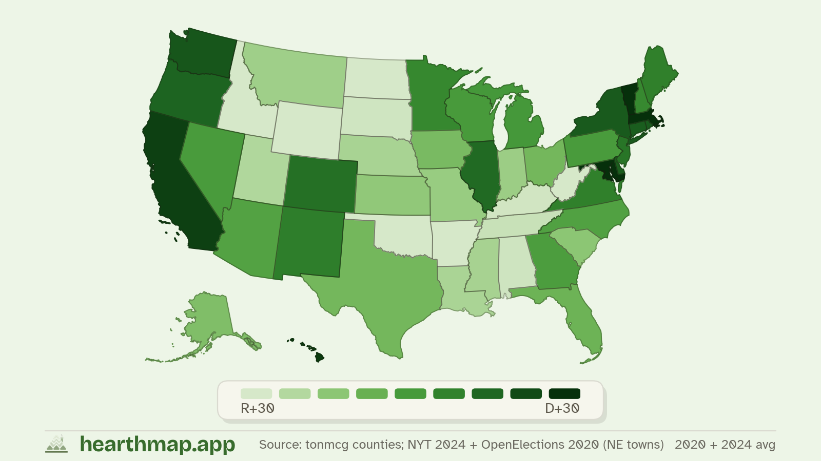 Choropleth map of Political Lean across US states (2020 + 2024 avg), by hearthmap