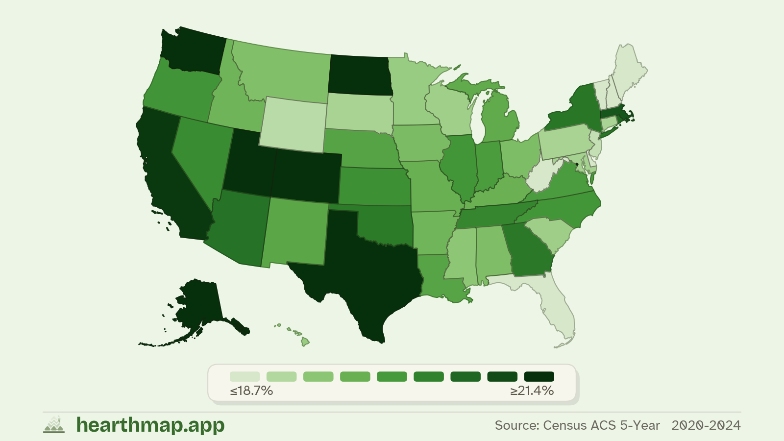 Choropleth map of Residents Age 20–34 across US states (2020-2024), by hearthmap
