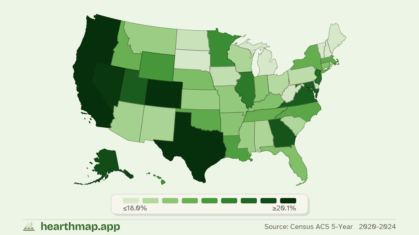 Choropleth map of Residents Age 35–49 across US states (2020-2024), by hearthmap
