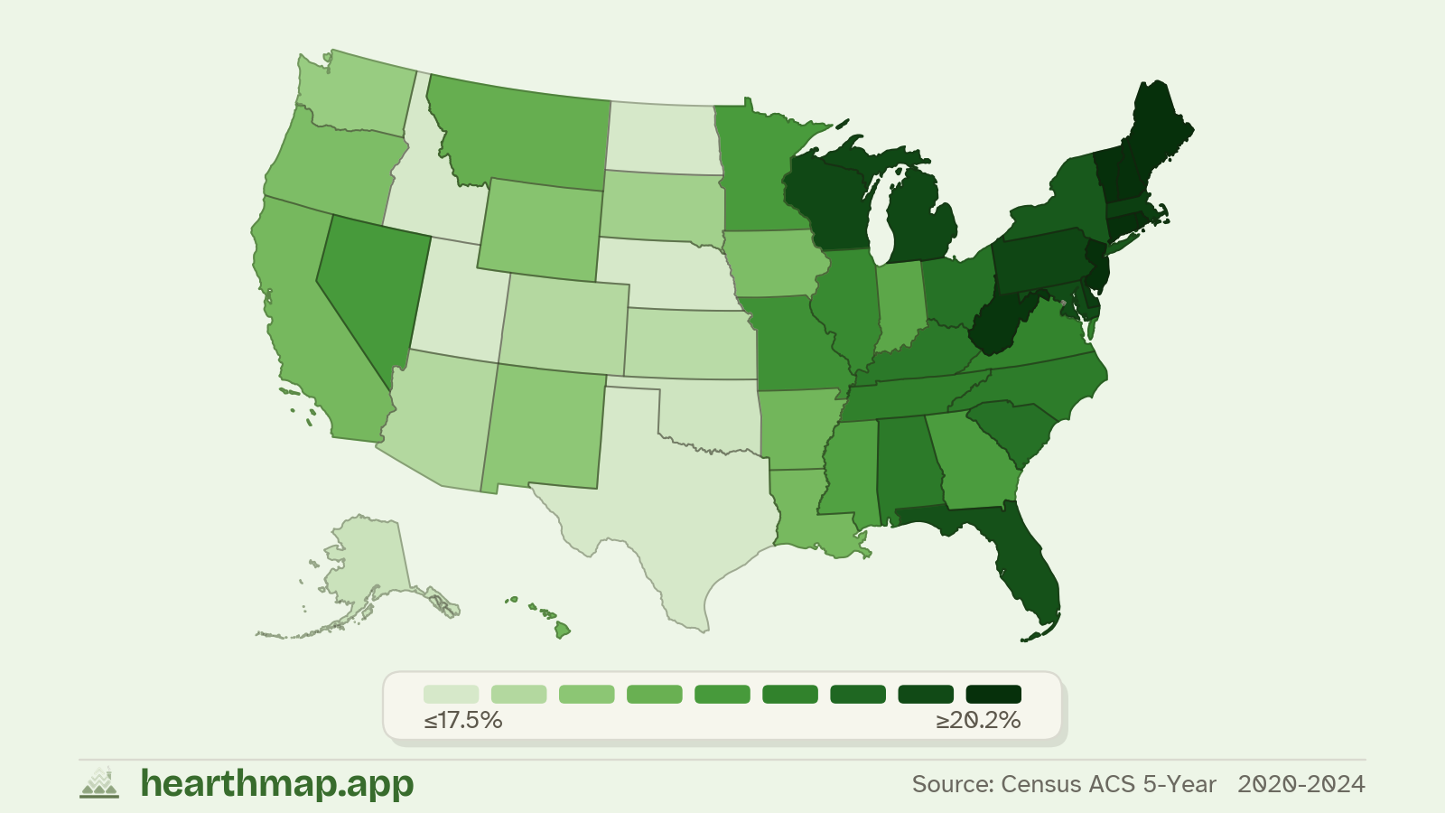 Choropleth map of Residents Age 50–64 across US states (2020-2024), by hearthmap