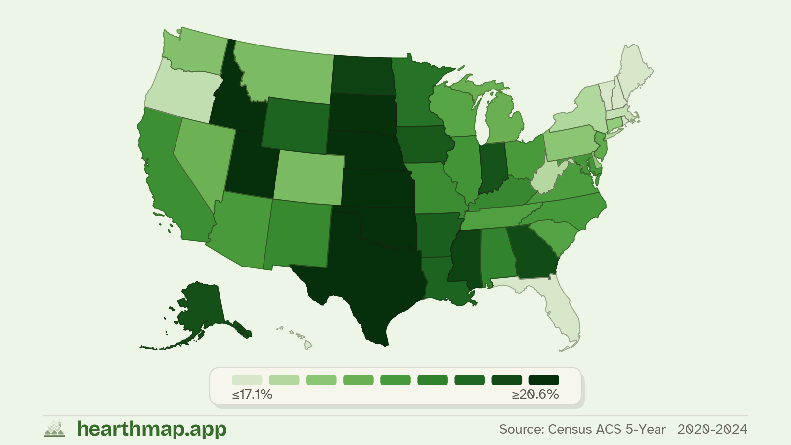 Choropleth map of Residents Age 5–19 across US states (2020-2024), by hearthmap