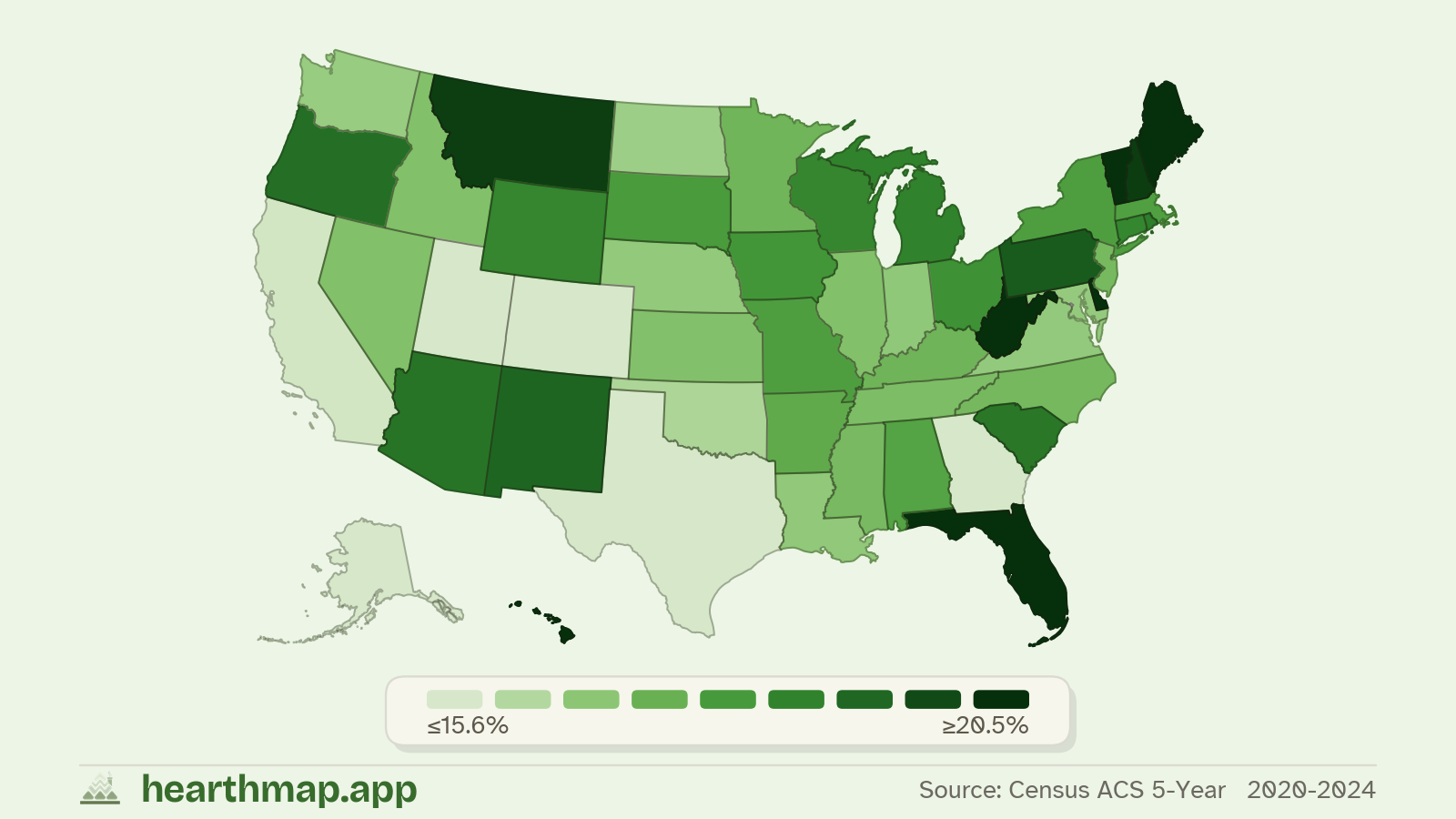 Choropleth map of Residents Age 65 and Older across US states (2020-2024), by hearthmap