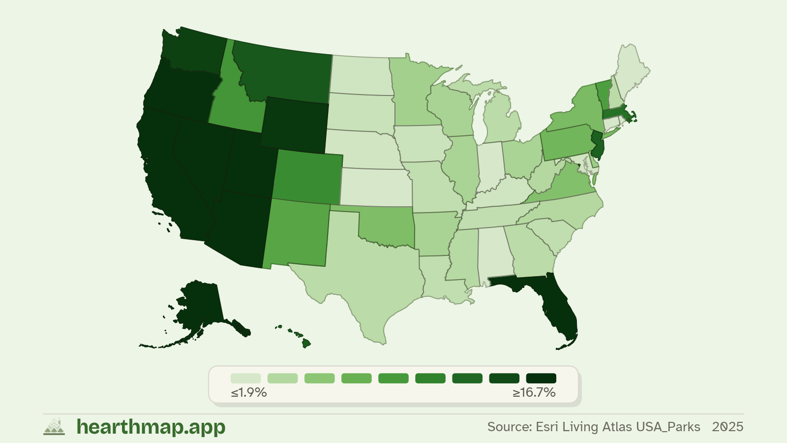 Choropleth map of Parks & Public Land across US states (2025), by hearthmap