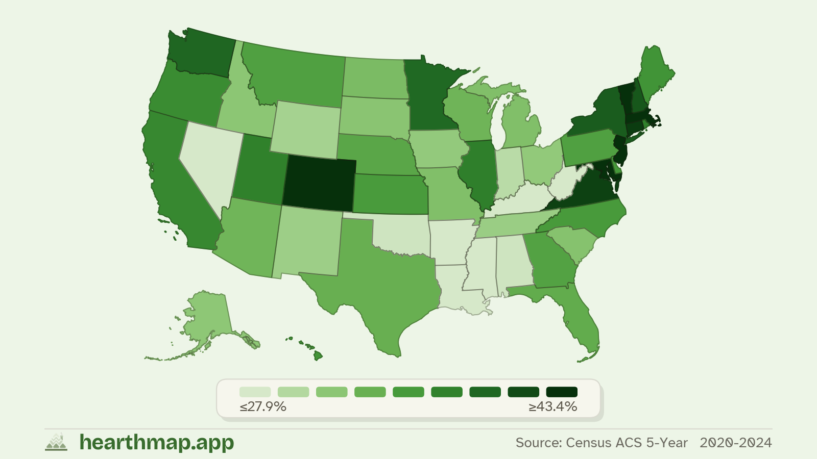 Choropleth map of Bachelor's Degree or Higher across US states (2020-2024), by hearthmap