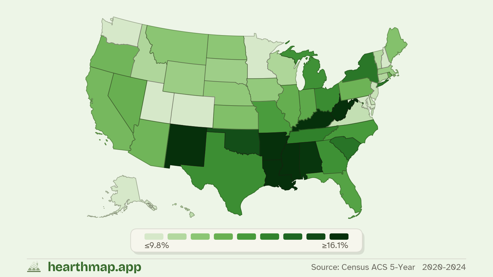 Choropleth map of Poverty Rate across US states (2020-2024), by hearthmap