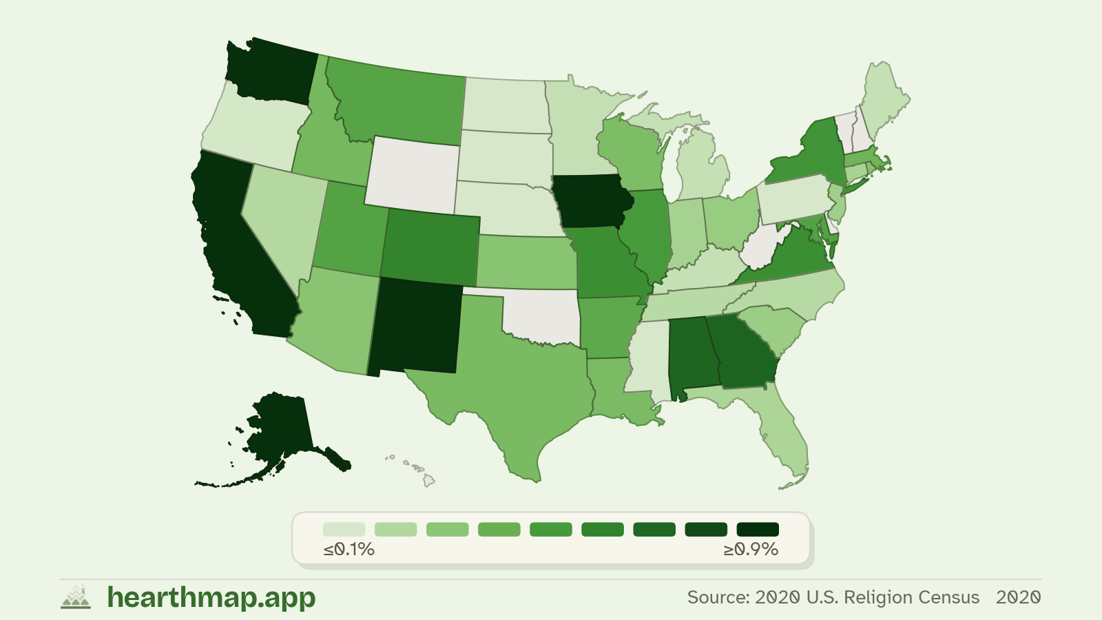 Choropleth map of Buddhist Population across US states (2020), by hearthmap