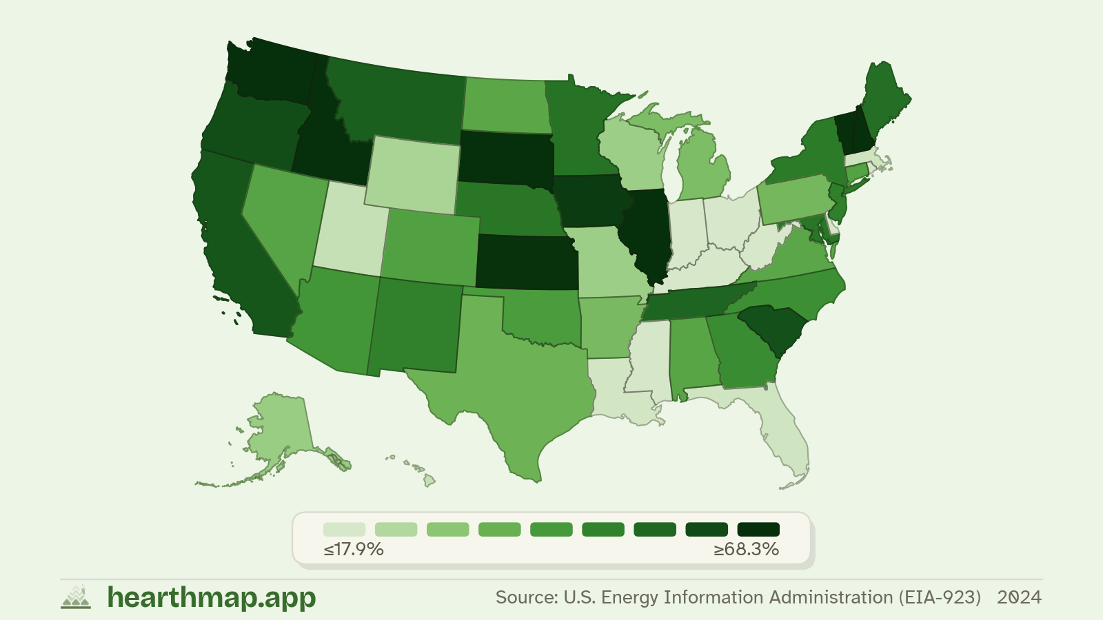 Choropleth map of Carbon-Free Electricity across US states (2024), by hearthmap