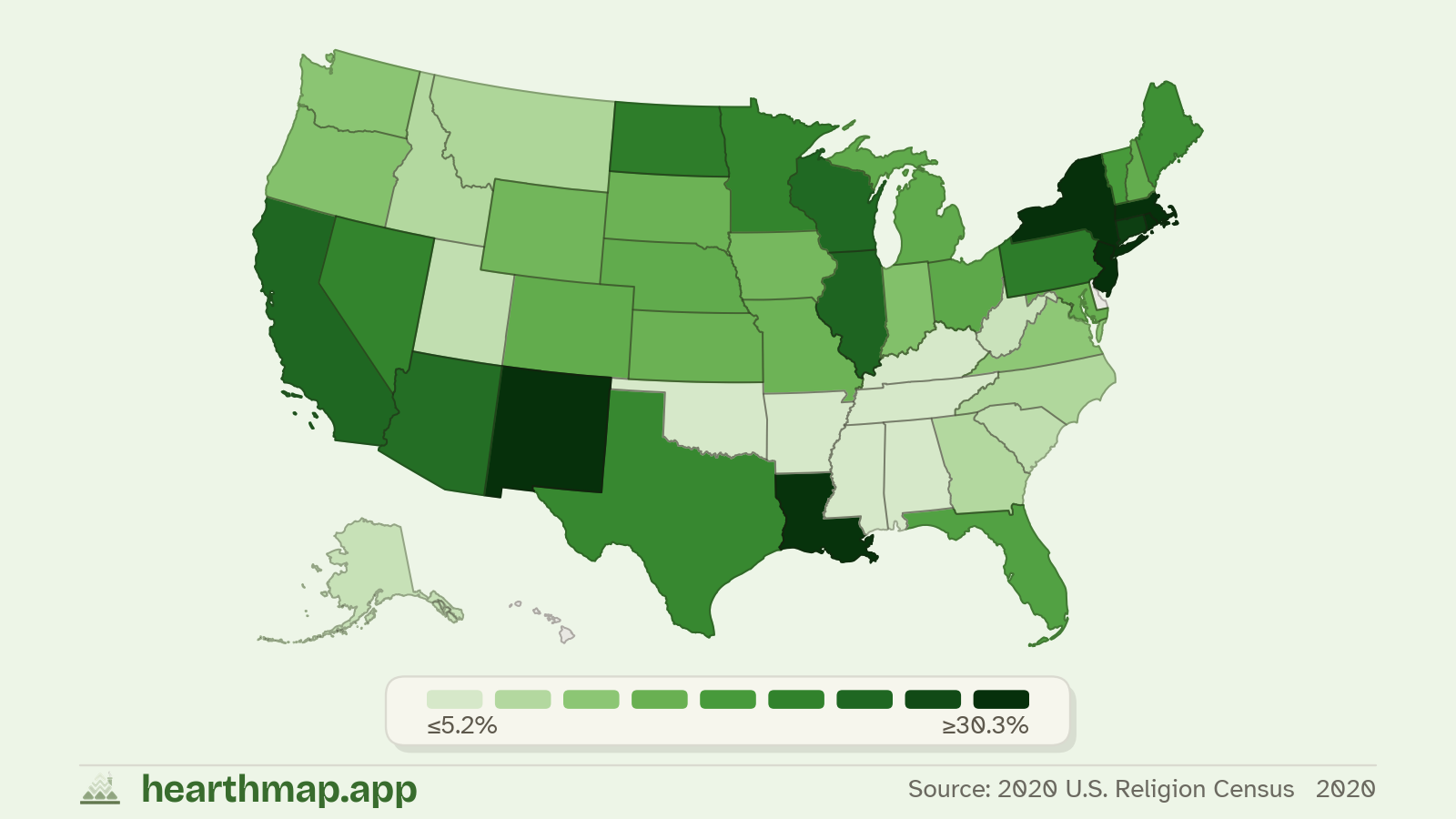 Choropleth map of Catholic Population across US states (2020), by hearthmap