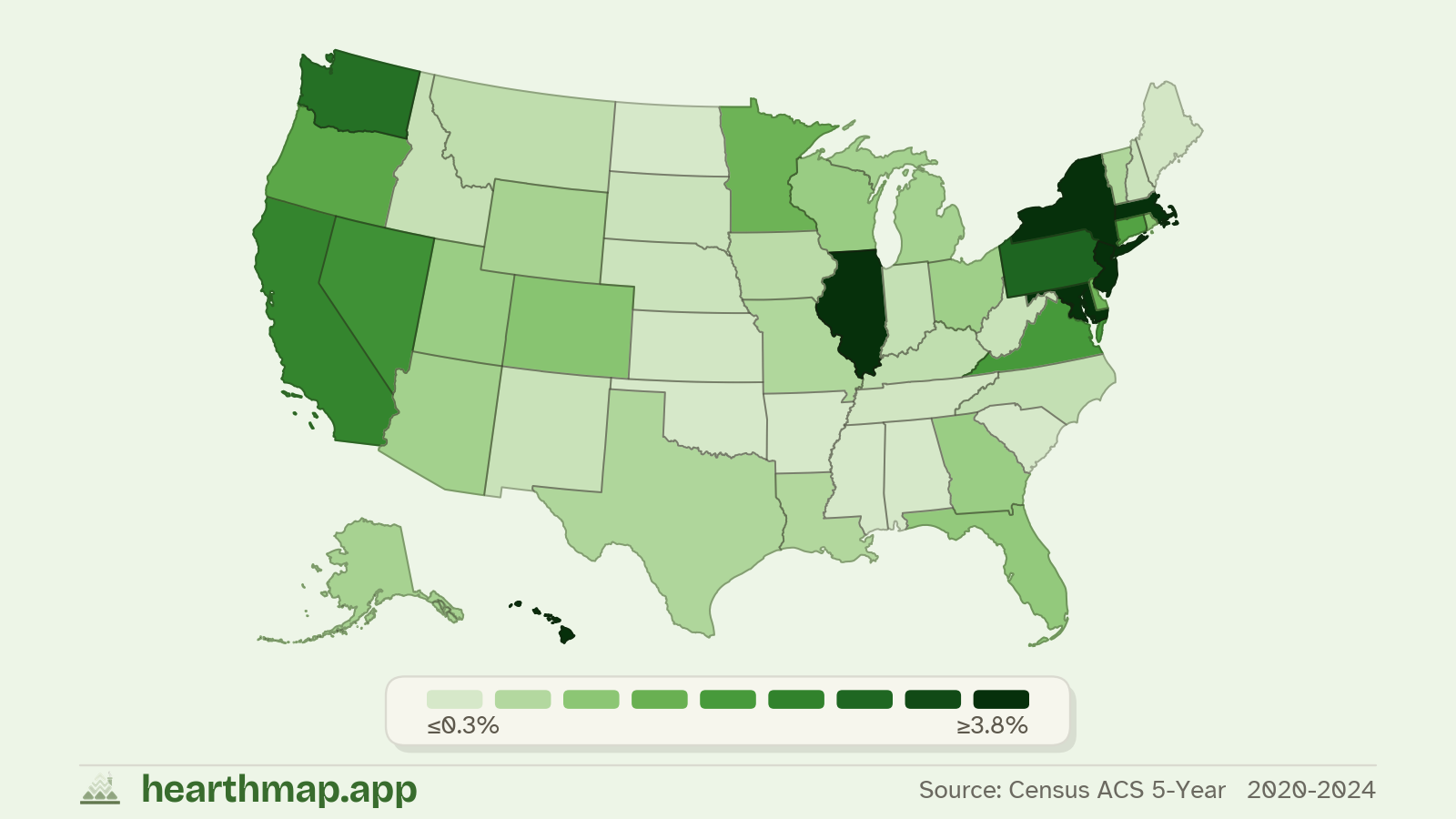 Choropleth map of Bus Commuters across US states (2020-2024), by hearthmap