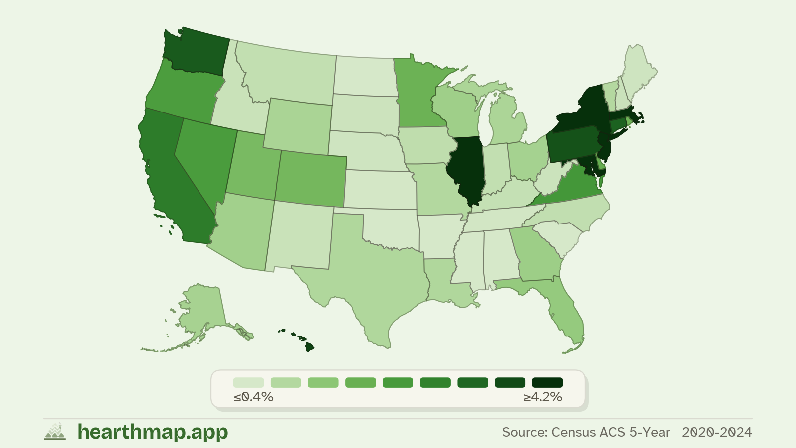 Choropleth map of Public Transit Commuters across US states (2020-2024), by hearthmap